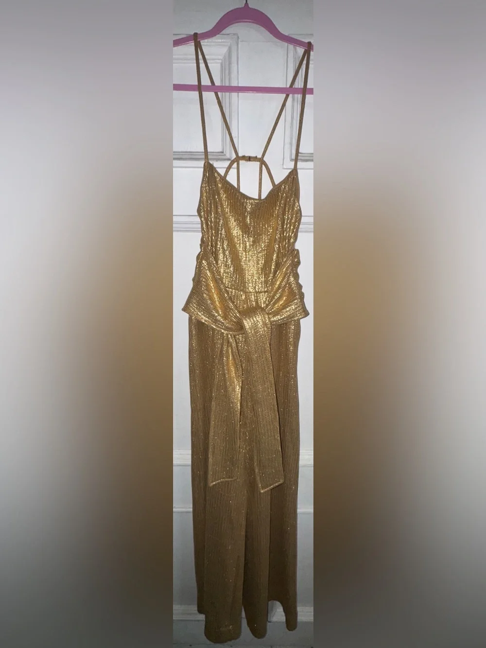 Free People Metallic Gold Wide-Leg Jumpsuit with Waist Tie